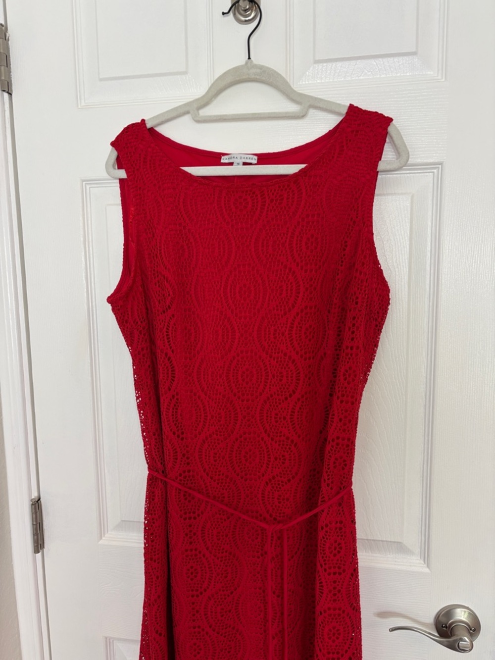 Women's SANDRA DARREN Red Sleeveless Lace-Texture Midi Dress w/Tie Belt Size 14